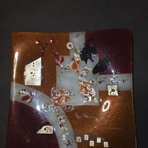 Abstract Glass Art Plate with Gold and Orange Accents